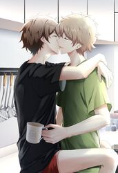  2boys black_shirt blonde_hair brown_hair closed_eyes cup ensemble_stars! green_shirt highres holding holding_cup hug kindo kissing kitchen male_focus morisawa_chiaki multiple_boys open_mouth red_shorts shirt short_hair shorts t-shirt takamine_midori yaoi 