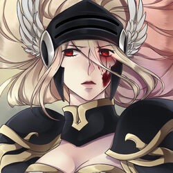  armor artist_request black_armor blonde_hair blood blood_on_face breasts brown_background cleavage eyes_visible_through_hair feathered_wings female floating_hair glowing glowing_eyes hair_between_eyes head_wings lips long_bangs long_hair looking_at_viewer medium_breasts open_mouth pauldrons ragnarok_online red_eyes shoulder_armor solo third-party_source upper_body valkyrie_randgris visor_(armor) white_wings wings 