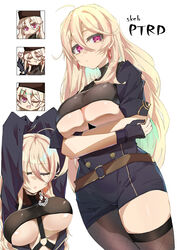  ahoge arms_behind_head arms_up asymmetrical_legwear blonde_hair chibi closed_eyes closed_mouth clothing_cutout commentary_request commission crystal_earrings e_sky_rugo earrings female fur_hat girls&#039;_frontline gloves hand_on_own_arm hat highres jewelry long_hair looking_to_the_side mole mole_under_eye multiple_views one_eye_closed ptrd_(girls&#039;_frontline) red_eyes skeb_commission underboob_cutout ushanka white_background 