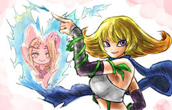  2girls blonde_hair blue_scarf breasts chibi chibi_inset commentary_request flipped_hair flower heart kicdon kid_icarus kid_icarus_uprising looking_at_viewer multiple_girls phosphora plant purple_eyes purple_flower scarf sideboob upper_body vines viridi 