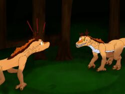  4:3 absurd_res duo female feral flute_dragon forest forest_background glowing glowing_eyes grayson_(sajay) halloween hi_res holidays madrigal_(aquest) male mimicry nature nature_background plant sajay sharp_teeth skinwalker smile teeth tree 