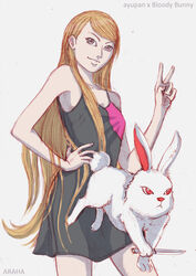  2spot_studio arahaajna ayupan ayupan_x_bloody_bunny black_clothing black_dress bloody_bunny bloody_bunny_(series) blue_eyes clothing cotton_tail dress duo eyelashes female feral fur gesture grey_background hair hand_gesture hand_on_hip hi_res holding_knife holding_object human knife lagomorph leporid long_hair mammal rabbit red_eyes simple_background tan_body tan_skin v_sign white_body white_fur 