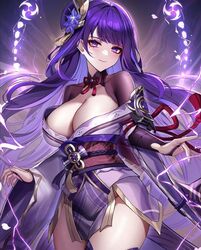  blush breasts bridal_gauntlets cleavage cowboy_shot cropped duplicate eternity_(shadeh) female genshin_impact highres japanese_clothes kimono large_breasts long_hair looking_at_viewer mole mole_under_eye nail_polish non-web_source purple_eyes purple_hair purple_kimono purple_nails purple_thighhighs raiden_shogun sash smile solo thighhighs thighs 