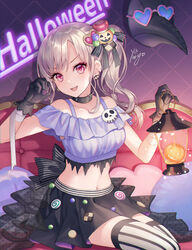  bare_shoulders black_choker black_gloves black_skirt breasts choker commentary_request crop_top earrings female gloves grey_hair halloween jewelry lantern long_hair medium_breasts midriff miniskirt navel off-shoulder_shirt off_shoulder original pink_eyes ponytail purple_shirt shirt short_sleeves sitting skirt solo stomach thighhighs yamigo 