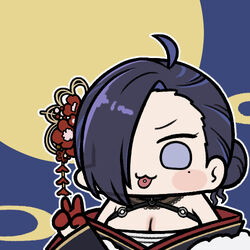  ahoge blush breasts chest_sarashi cleavage delinquent female hair_bun hair_ornament jazz_jack kson kson_(5th_costume) lowres mole mole_under_eye o-ring piercing sarashi simple_background solo tongue tongue_out tongue_piercing v virtual_youtuber vshojo 