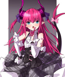  asymmetrical_horns bare_shoulders black_corset blue_eyes blush bow commentary_request corset detached_sleeves dragon_girl dragon_horns dragon_tail elizabeth_bathory_(fate) elizabeth_bathory_(fate/extra_ccc) elizabeth_bathory_(second_ascension)_(fate) fangs fate/extra fate/extra_ccc fate/grand_order fate_(series) female finger_to_mouth grey_skirt halterneck highres horns idol_clothes long_hair looking_at_viewer open_mouth pink_bow pink_hair plaid plaid_skirt pointy_ears simple_background skirt solo tail tail_bow tail_ornament tail_raised takanashi_kei_(hitsujikan) uneven_horns white_sleeves 