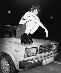  absurdres bare_arms bare_shoulders boots bra bra_peek car chainsaw_man covered_mouth dress female greyscale hair_bun high_heel_boots high_heels highres instagram_username lada_(car) lada_2107 looking_at_viewer marvin_(omarvin) medium_hair monochrome motor_vehicle nail_polish on_vehicle pleated_dress reze_(chainsaw_man) shirt signature solo squatting t-shirt twitter_username underwear 