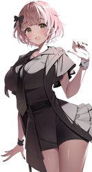  absurdres belt black_jacket black_necktie black_shirt black_shorts blush breasts collarbone cometik_note_(idolmaster) female fingernails gawawawa highres idolmaster idolmaster_shiny_colors ikuta_haruki jacket large_breasts looking_at_viewer nail_polish necktie pink_hair shirt shorts simple_background smile solo white_background wristband yellow_eyes 