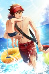  3boys absurdres beach blue_male_swimwear brown_eyes brown_hair carrying ensemble_stars! highres innertube kindo lifeguard male_focus male_swimwear morisawa_chiaki multiple_boys navel ocean open_mouth red_male_swimwear short_hair smile stomach swim_ring topless_male visor_cap 