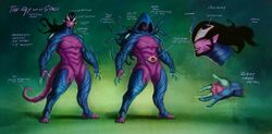  absurd_res antennae_(anatomy) bared_teeth blue_body compound_eyes eldritch_humanoid english_text everflesh hi_res humanoid humanoid_pointy_ears male monster monstrous_humanoid purple_body rayoutofspace solo teeth tentacle text 