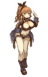  belt belt_buckle boots breasts brown_belt brown_eyes brown_footwear brown_hair brown_jacket brown_ribbon brown_shorts brown_tube_top buckle cleavage commentary_request contrapposto female full_body hair_ribbon hand_on_own_hip hand_up highres index_finger_raised jacket knee_boots large_breasts light_blush long_hair long_sleeves micro_shorts midriff muff_(omochilab) multicolored_clothes multicolored_jacket navel open_mouth original ponytail purple_footwear purple_jacket ribbon shorts simple_background solo standing strapless tube_top two-tone_jacket white_background 