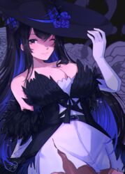  absurdres bare_shoulders belt black_belt black_feathers black_hat blush breasts cleavage closed_mouth demon_horns feathers female flower gloves hand_on_headwear hat hat_flower highres hololive hololive_english horns kokomi_(aniesuakkaman) large_breasts mole mole_under_eye nerissa_ravencroft red_eyes smile solo sun_hat virtual_youtuber white_gloves 