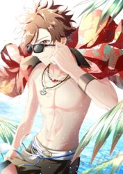  1boy absurdres black_male_swimwear brown_hair ensemble_stars! highres jewelry kindo male_focus male_swimwear morisawa_chiaki muscular muscular_male navel necklace red_eyes red_shirt shirt short_hair solo sunglasses topless_male water_drop 