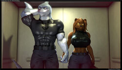  2022 3d_(artwork) abs anthro anthro_on_anthro arm_tattoo bear big_breasts black_nose bottomwear breasts brown_bear brown_body brown_fur brown_hair claws clothed clothing dasha_(petruz) digital_media_(artwork) duo english_text female finger_claws fingers fish fur great_white_shark grey_body grey_skin hair hammerhead_(petruz) hand_behind_head hand_holding humanoid_hands kinktober mackerel_shark male male/female mammal marine midriff multicolored_body multicolored_skin muscular muscular_anthro muscular_female muscular_male navel pants petruz_(copyright) reindeerviking shark smile source_filmmaker_(artwork) standing tattoo text two_tone_body two_tone_skin ursine white_body white_shark white_skin 