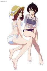  2girls :d absurdres ahoge ao_fujimori artistic_error ass bare_arms bare_legs barefoot bikini black_eyes black_hair blue_eyes blue_nails bokura_no_ameiro_protocol brown_hair closed_mouth collarbone criss-cross_halter feet frilled_bikini frills full_body halterneck hand_on_own_knee hat hat_ribbon highres inatsuki_nozomi looking_at_viewer megami_magazine multiple_girls nail_polish navel official_art open_mouth purple_bikini ribbon saegusa_yuu scan see-through see-through_shirt shirt short_hair side-tie_bikini_bottom simple_background sitting smile soles straw_hat swimsuit thighs toenail_polish toenails toes white_background white_bikini wrong_foot yellow_eyes 