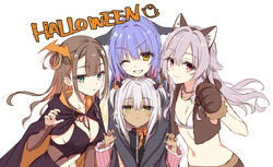  4girls :&lt; alternate_costume animal_ear_fluff animal_ears animal_hands ayachi_nene ayachi_nene_(cosplay) bat_hair_ornament black_cloak black_nails blue_hair blunt_bangs blush_stickers bow bra breasts brown_hair brown_vest center-flap_bangs chain_necklace chains claw_pose cleavage cloak closed_mouth commentary_request company_connection cosplay dark-skinned_female dark_skin demon_girl demon_horns eyelashes eyes_visible_through_hair fake_animal_ears floating_hair frilled_sleeves frills gloves gradient_hair green_eyes grey_hair grin hair_between_eyes hair_ornament halloween halloween_costume hand_up hands_up horns hug hug_from_behind inaba_meguru inaba_meguru_(cosplay) jewelry kinoshita_kaede kohibari_kurumi long_hair long_sleeves looking_at_viewer medium_breasts multicolored_hair multiple_girls muririn nail_polish navel necklace one_eye_closed one_side_up orange_bow orange_cloak orange_hair paw_gloves pink_hair pointy_ears red_eyes red_ribbon ribbon sanoba_witch shiiba_tsumugi shiiba_tsumugi_(cosplay) shiraishi_chika sidelocks simple_background sleeves_past_wrists small_breasts smile stomach streaked_hair tenshi_souzou_re-boot! togakushi_touko togakushi_touko_(cosplay) tsurime two-tone_cloak two_side_up underwear upper_body v-shaped_eyebrows vega_(tenshi_souzou) vest white_background white_bra wolf_ears yellow_eyes yuzu-soft 