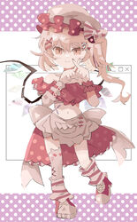  addictionwhite alternate_headwear apron back_bow bare_shoulders blonde_hair bow closed_mouth crystal female flandre_scarlet full_body hair_between_eyes hair_ornament hair_ribbon hairclip hat highres internet_survivor large_bow light_smile limited_palette long_hair looking_at_viewer midriff mob_cap multicolored_wings nail_polish navel one_side_up red_eyes red_footwear red_nails red_ribbon red_shirt red_skirt red_socks ribbon shirt shoes single_thighhigh skirt sneakers socks socks_over_thighhighs solo striped_clothes striped_socks thighhighs touhou waist_apron white_apron white_background white_bow white_hat white_socks wings wrist_cuffs 