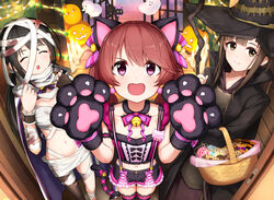  3girls :o animal_ears animal_hands bandaged_arm bandaged_leg bandages basket bell black_cat black_coat black_gloves black_hair black_headwear black_shirt black_thighhighs blood blood_on_bandages bow bowtie brown_dress brown_eyes brown_hair candy cat_ears cat_tail closed_eyes coat commentary dot_nose dress fangs feline flat_chest food frilled_shorts frills ghost gloves hair_between_eyes hairbow halloween hands_up hat highres holding holding_basket holding_wand idolmaster idolmaster_cinderella_girls jack-o&#039;-lantern jingle_bell long_hair long_sleeves looking_at_viewer mizumoto_yukari multiple_girls mummy_costume nakano_yuka nakata_(nkt_vvd) navel open_door open_mouth paw_gloves pink_bow pink_bowtie pink_eyes pov pumpkin shiina_noriko shirt shorts sidelocks single_thighhigh smile stomach tail thighhighs twintails v-shaped_eyebrows wand witch witch_hat wrist_cuffs 