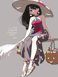  bare_shoulders black_eyes black_hair broom broom_riding candy earrings female food grey_background halloween hat highres jewelry long_hair long_skirt looking_at_viewer original sandals side_slit skirt smile solo tennohi witch_hat 