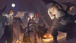  2boys alternate_costume aqua_(kingdom_hearts) blonde_hair blue_hair breasts brown_hair cape cleavage crop_top female gloves gogo_(detteiu_de) halloween highres jack-o&#039;-lantern kingdom_hearts kingdom_hearts_birth_by_sleep midriff multiple_boys pantyhose sitting smile spiked_hair terra_(kingdom_hearts) ventus_(kingdom_hearts) white_gloves wings 