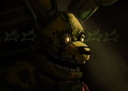  2023 animatronic anthro black_nose bow_tie detailed_background digital_media_(artwork) face_in_shadow five_nights_at_freddy&#039;s five_nights_at_freddy&#039;s_(film) five_nights_at_freddy&#039;s_3 green_body hi_res humanoid lagomorph leporid light light_beam machine male mammal open_mouth rabbit robot scottgames shaded shadowy_figure shockpinkrosary side_view solo spring_bonnie_(fnaf) springtrap_(fnaf) teeth wallpaper_(decoration) william_afton_(fnaf) yellow_eyes 