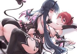  2girls alternate_costume ass black_thighhighs blush breasts demon_horns demon_tail demon_wings fake_horns green_hair hand_on_another&#039;s_waist highres horns idolmaster idolmaster_million_live! idolmaster_starlit_season julia_(idolmaster) kitakami_reika large_breasts little_devil_swimsuit_(idolmaster) looking_at_viewer multiple_girls nys orange_hair sideways_glance smile tail thighhighs wings 