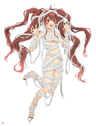  absurdres ahoge bandages barefoot black_nails breasts claw_pose commentary eris_greyrat female halloween highres leg_up long_hair looking_at_viewer messy_hair mummy_costume mushoku_tensei nao_suke navel oerba_yun_fang open_mouth red_eyes red_hair simple_background small_breasts smile solo standing standing_on_one_leg twintails very_long_hair white_background 