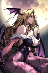  animal_print bat_print bat_wings blonde_hair breasts chin_piercing cleavage clothing_cutout cosplay fate/grand_order fate_(series) female full_moon green_eyes halloween head_wings heart_cutout highres huge_moon large_breasts leotard long_hair moon morrigan_aensland morrigan_aensland_(cosplay) pantyhose print_pantyhose quetzalcoatl_(fate) solo vampire_(game) very_long_hair wings zantyarz 