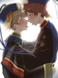  2boys after_kiss aqua_eyes blonde_hair brown_hair cabbie_hat chinese_clothes ensemble_stars! french_kiss hat highres jiangshi jiangshi_costume kindo kissing long_sleeves male_focus morisawa_chiaki multiple_boys ofuda ofuda_on_head open_mouth orange_eyes qingdai_guanmao saliva takamine_midori teeth tongue tongue_out yaoi 