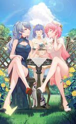  1other 3girls absurdres bai_ou_(crazy_ones) blue_dress blue_sky breasts chair china_dress chinese_clothes cleavage_cutout closed_eyes clothing_cutout cloud commentary_request crazy_ones crossed_legs cup dress feline flower grass grey_hair high_heels highres large_breasts long_hair medium_breasts multiple_girls official_art on_chair outdoors pelvic_curtain pink_hair purple_hair qianye_zhizi rainbow red_eyes rose short_hair sitting sky standing stiletto_heels table tree white_dress xia_bing_(crazy_ones) yellow_flower yellow_rose 