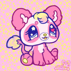  &lt;3_eyes ambiguous_gender bear big_head blep blonde_hair blue_eyes chibi circle_eyebrows eyebrows eyelashes fan_character felid feral fur giant_panda hair hasbro head_tuft heart hi_res hybrid kuma_(pekopekokuma) lion littlest_pet_shop mammal pantherine pawpads paws pekopekokuma pink_theme round_ears sitting solo star style_parody tail tail_tuft tongue tongue_out tuft yellow_tongue 