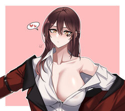  absurdres blush border braid breasts brown_hair cleavage closed_mouth collared_shirt commission dogs_(dlrkdejr26) female female_commander_(girls&#039;_frontline) girls&#039;_frontline griffin_&amp;_kryuger_military_uniform hair_between_eyes heart highres huge_breasts jacket korean_commentary long_hair looking_at_viewer off_shoulder original pink_background pout puff_of_air red_jacket shirt simple_background single_off_shoulder solo spoken_heart upper_body white_border white_shirt yellow_eyes 