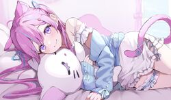  animal_ears blue_hair blue_jacket cat_ears cat_girl commission female hair_ornament hairclip highres hitsujisnow indie_virtual_youtuber itigori_ena jacket long_hair looking_at_viewer multicolored_hair pink_hair purple_eyes skeb_commission smile solo streaked_hair stuffed_animal stuffed_cat stuffed_toy virtual_youtuber x_hair_ornament 