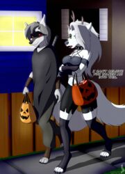  absurd_res anthro bag canid canine canis clothed clothing costume crossover death_(puss_in_boots) digital_media_(artwork) dreamworks duo english_text female fur grey_hair hair halloween helluva_boss hi_res holidays jagoth_wolf jorge-the-wolfdog loona_(helluva_boss) male male/female mammal puss_in_boots_(dreamworks) sidewalk simple_background smile smiling_at_partner sve sve_ulfrota text upset walking white_body white_fur wolf 