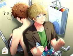  2boys absurdres bag black_jacket blonde_hair blue_eyes brown_hair ensemble_stars! green_shirt highres jacket kindo male_focus morisawa_chiaki multiple_boys open_mouth shirt short_hair stuffed_animal stuffed_toy takamine_midori toilet_paper topless_male undressing 