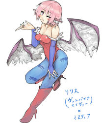  animal_ears bird_ears bird_wings blue_pantyhose blush boots breast_padding breasts bridal_gauntlets cleavage collarbone cosplay female fingernails ginnkei green_nails high_heel_boots high_heels highres leotard lilith_aensland lilith_aensland_(cosplay) long_fingernails medium_breasts mystia_lorelei nail_polish one_eye_closed open_mouth pantyhose pink_eyes pink_hair red_footwear red_leotard short_hair simple_background solo touhou vampire_(game) white_background white_wings wings 