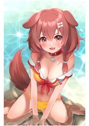  animal_collar animal_ears barefoot between_legs bikini bone_hair_ornament braid breasts brown_eyes brown_hair brown_tail cartoon_bone caustics collar dog_ears dog_girl dog_tail female front-tie_bikini_top front-tie_top hair_between_eyes hair_ornament hand_between_legs highres hololive inugami_korone looking_at_viewer medium_breasts navel oerba_yun_fang open_mouth partially_submerged red_collar sitting smile solo swimsuit tail takumin_dx twin_braids virtual_youtuber wariza water yellow_bikini 