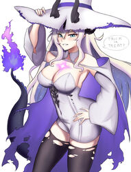  arknights black_thighhighs blue_eyes bodysuit breasts cleavage cowboy_shot detached_sleeves dragon_tail eblana_(arknights) fangs_(fangs_art) female flame-tipped_tail hair_between_eyes halloween hand_on_headwear hat highres horns horns_through_headwear large_breasts light_in_heart long_hair looking_at_viewer simple_background smile solo strapless_bodysuit tail thighhighs torn_clothes torn_thighhighs trick_or_treat very_long_hair white_background white_bodysuit white_hair white_hat white_sleeves witch 