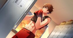  1boy black_tank_top brown_hair clothes_lift ensemble_stars! gym_storeroom highres kindo male_focus midriff morisawa_chiaki navel open_mouth pants red_eyes red_pants shirt_lift short_hair stomach tank_top 