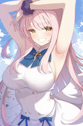  akino_sora armpits arms_up blue_archive blue_bow blue_bowtie blue_sky bow bowtie breasts cloud commentary dress female grin highres large_breasts long_hair looking_at_viewer mika_(blue_archive) pink_hair scrunchie sky sleeveless sleeveless_dress smile solo white_dress white_wings wings wrist_scrunchie yellow_eyes 