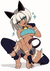  absurdres animal_ears barefoot belt belt_pouch black_gloves black_leggings black_panties blue_eyes blue_shirt breasts cat_ears collar cremanata crop_top dark-skinned_female dark_skin detached_leggings female fingerless_gloves full_body gloves grey_belt highres large_breasts leggings looking_at_viewer ms._fortune_(skullgirls) navel open_mouth panties pouch shirt short_hair simple_background skullgirls sleeveless sleeveless_shirt solo squatting teeth underboob underwear upper_teeth_only white_background white_hair white_nails 