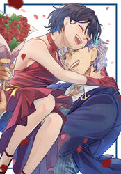  1boy :d andy_(undead_unluck) black_hair blue_eyes blue_jacket bouquet breasts carrying closed_eyes collared_shirt commentary_request dress female flower gloves grey_hair grey_vest holding holding_bouquet izumo_fuuko jacket medium_breasts necktie open_clothes open_jacket open_mouth petals red_dress red_flower red_gloves red_rose rose scar shirt short_hair sideboob sleeveless sleeveless_dress smile tebbbba undead_unluck vest white_shirt wing_collar yellow_necktie 