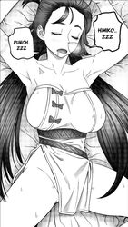  armpits breasts closed_eyes facial_mark fate/grand_order fate_(series) female forehead forehead_mark greyscale himiko_(fate) large_breasts long_hair magatama monochrome nose_bubble open_mouth shinsaku_(stan-art) sideboob sleeping spread_legs 