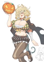  2girls absurdres animal_ear_fluff animal_ears arknights bandage_over_one_eye bandaged_arm bandages belt blonde_hair breasts candy closed_eyes cosplay food halloween halloween_bucket highres holding kroos_(arknights) kroos_(arknights)_(cosplay) kroos_(the_mag)_(arknights) large_breasts lizard_tail multiple_girls navel oerba_yun_fang pantyhose radioneet smile standing standing_on_one_leg tail utage_(arknights) 