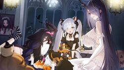  3girls absurdres adventure_galley_(azur_lane) adventure_galley_(carnival_under_the_blood_moon)_(azur_lane) all_fours animal_ears azur_lane black_dress black_socks black_thighhighs blue_eyes braid breasts cat_ears chungu clothing_cutout dress elbow_gloves fake_animal_ears feet_up gloves golden_hind_(azur_lane) golden_hind_(forlorn_femme_fatale)_(azur_lane) hair_between_eyes hair_over_one_eye hairband half-closed_eyes halloween hat highres horns huge_breasts hugging_object indoors jack-o&#039;-lantern janus_(azur_lane) janus_(fright-night_scaredy-cat)_(azur_lane) long_dress long_hair lying manjuu_(azur_lane) mouth_hold multiple_girls navel no_shoes official_alternate_costume official_art on_stomach open_mouth panties pillow pillow_hug pink_hairband pink_panties portrait_(object) puffy_short_sleeves puffy_sleeves purple_eyes purple_hair second-party_source see-through see-through_dress short_dress short_sleeves shoulder_cutout sitting small_breasts socks striped_clothes striped_socks thighhighs twintails umbrella_octopus underwear very_long_hair white_dress white_gloves white_hair white_socks whydah_(azur_lane) whydah_(lazy_pirate_angel)_(azur_lane) witch_hat 