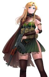  akm akms armlet assault_rifle black_gloves black_thighhighs blonde_hair blue_eyes breasts brown_capelet cape capelet closed_mouth commentary cowboy_shot dress elbow_pads elf english_commentary fantasy female frown gloves green_dress gun half-closed_eyes half_gloves harness headphones headphones_around_neck headset highres holding holding_gun holding_weapon kalashnikov_rifle knee_pads long_hair looking_at_viewer medium_breasts original pencil_pusher pleated_dress pointy_ears rifle short_dress side_slit simple_background solo standing thighhighs tiara torn_cape torn_clothes trigger_discipline weapon white_background 