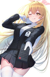  :q aiming aiming_at_viewer barcode black_jacket black_skirt blonde_hair blue_archive bright_pupils controller cosplay female gloves halo highres holding holding_remote_control id_card jacket long_hair one_eye_closed pink_halo pleated_skirt primamiya remote_control rio_(blue_archive) rio_(blue_archive)_(cosplay) shokuhou_misaki skirt solo sparkling_eyes spider_web_print star-shaped_pupils star_(symbol) star_halo sweater symbol-shaped_pupils thigh_gap thighhighs toaru_kagaku_no_railgun toaru_majutsu_no_index tongue tongue_out turtleneck turtleneck_sweater very_long_hair white_gloves white_pupils white_sweater white_thighhighs yellow_eyes 