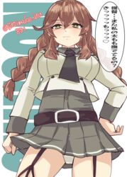  absurdres belt black_belt black_sailor_collar black_shirt black_skirt blush braid brown_hair character_name dress_shirt female garter_straps green_eyes highres kantai_collection kitahama_(siroimakeinu831) long_sleeves looking_at_viewer noshiro_(kancolle) noshiro_kai_ni_(kancolle) panties pleated_skirt sailor_collar sailor_shirt school_uniform serafuku shirt skirt solo speech_bubble swept_bangs twin_braids underwear white_panties 