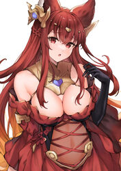  :o animal_ears anthuria bare_shoulders black_gloves braid breasts cleavage commentary dress erune female gloves granblue_fantasy hair_ornament highres koretsuki_azuma large_breasts long_hair looking_at_viewer red_dress red_eyes red_hair simple_background solo white_background 