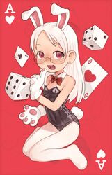  animal_ears animal_hands bad_id bad_twitter_id bare_shoulders black_leotard bow card dice earrings female finger_to_mouth full_body glasses gloves highres jewelry leotard long_hair no_shoes open_mouth original pantyhose paw_gloves playboy_bunny playing_card rabbit_ears rabbit_girl rabbit_tail red_background red_bow red_eyes sitting solo stud_earrings syrupmelty tail tareme wariza white_hair white_pantyhose 